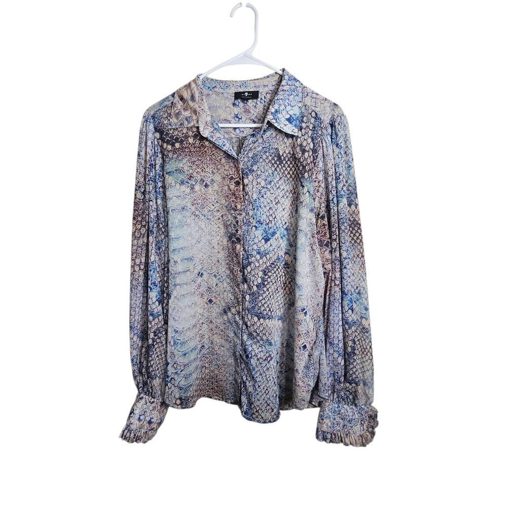 7 For All Mankind Ruffle Cuff Long Sleeve Button Up Top Pink Snake Sheer Size XL